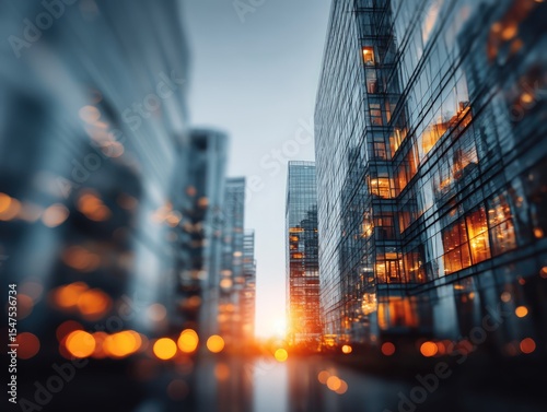 Modern Cityscape at Sunset: Illuminated Skyscrapers