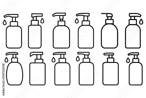 Twelve soap dispenser bottle icons isolated on white background