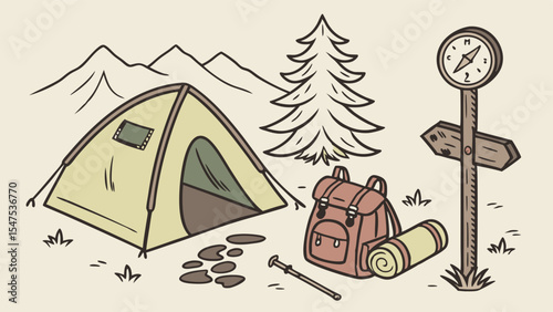 Outdoor Camping Adventure Tent Backpack Compass Signpost Mountains Nature Travel Hiking
