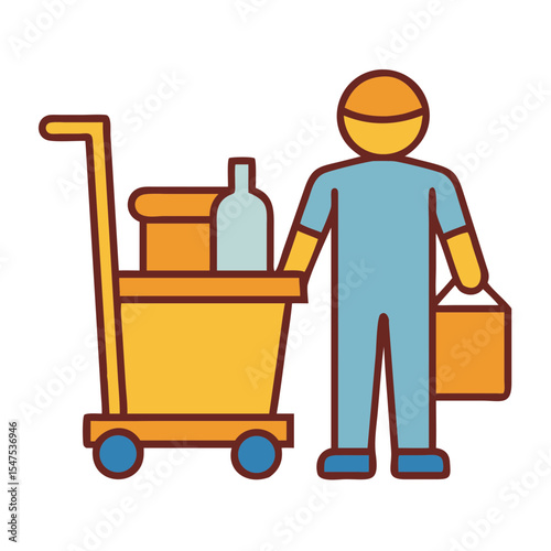 Janitor with cleaning cart and supplies.  Professional janitor is ready for work.  Image of janitor with cleaning cart for cleaning service advertisement.