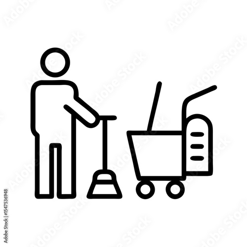 Janitor with cleaning cart and broom. Professional cleaning service equipment includes a cart and a broom.  Image of janitor with cleaning supplies is perfect for cleaning company website.