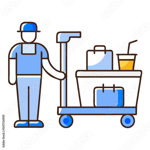 Janitor with cleaning cart and supplies. Cleaning service staff member with cart full of equipment. Professional janitor ready to clean office or hotel.
