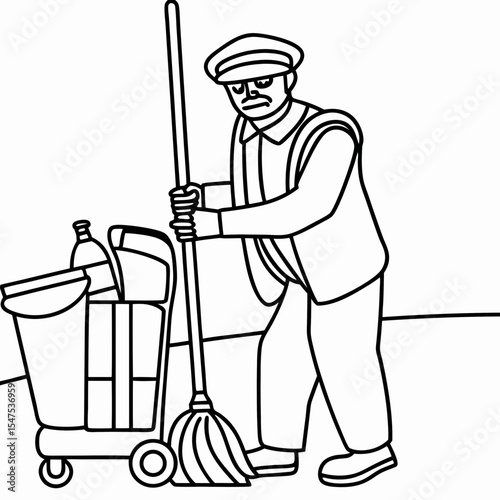Janitor with cleaning cart and broom. Man in uniform pushes cleaning cart.  Professional janitor using cleaning supplies for workplace sanitation.  Image ideal for cleaning service ads.