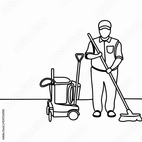 Janitor with cleaning cart and mop. Professional cleaner holds cleaning equipment.  Janitor is ready for work. Image of janitor with cleaning cart is perfect for cleaning service advertising.