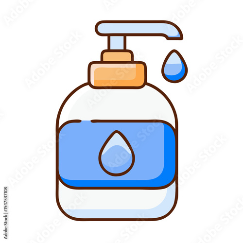 Liquid soap pump bottle dispenser with blue liquid. Soap bottle includes pump mechanism and translucent blue soap.  Cleanliness concept for hygiene product packaging and advertising.