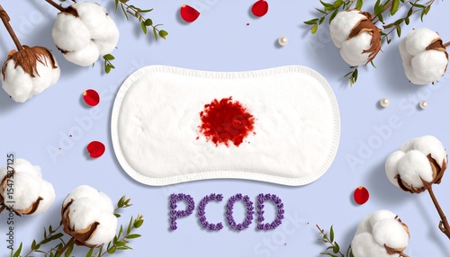 Word PCOD formed using lavender flowers arranged delicately on surface, soft shadows, top view, minimal surreal 3D concept representing hormonal imbalance and feminine wellness