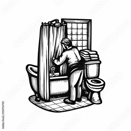 Man cleaning bathroom shower curtain.  Bathroom cleaning includes scrubbing tub and shower.  Cleaning man maintaining hygiene in bathroom.