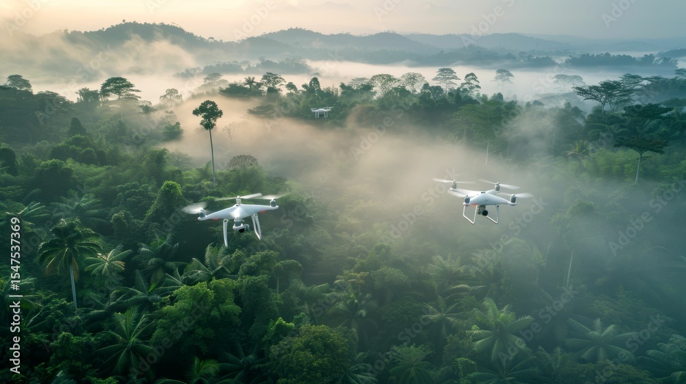 Fototapeta premium Aerial drone view over lush rainforest landscape with fog, showcasing technology and environmental exploration.