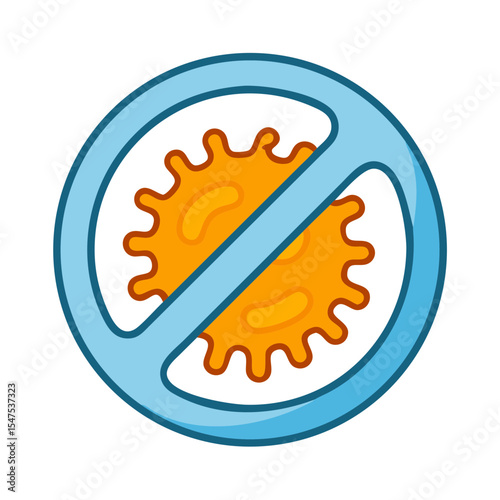 No bacteria symbol. Cleanliness icon with crossed-out germ graphic.  Sterile, hygiene symbol for medical websites, apps, and product packaging.