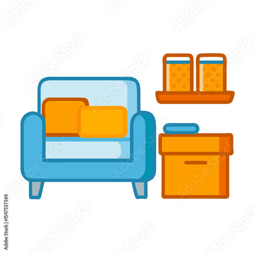 Organized living room with blue armchair and orange side table. Clean and tidy living space featuring comfortable armchair, two pillows, and storage jars on shelf.