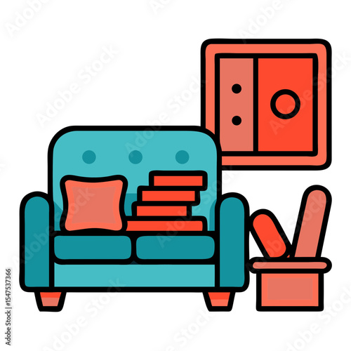 Clean living room interior design with teal sofa and orange accessories. Organized and cleaned space features comfortable sofa, stack of books, and side table.