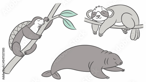 Cute cartoon sleeping animals illustration pangolin sloth manatee wildlife mammals vector graphic