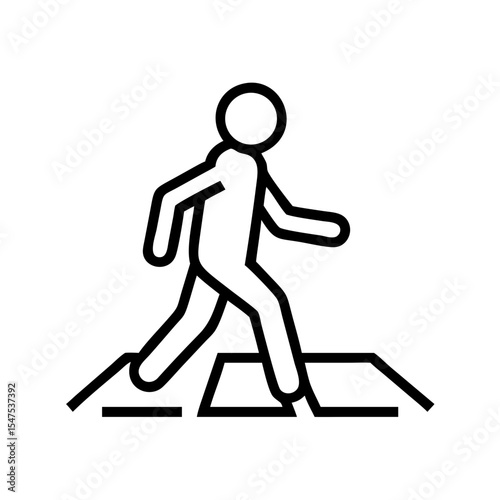 Person crossing street on pedestrian crossing. Simple line art illustration showing pedestrian crossing road safely.  Image depicts person walking across pedestrian crossing for safety signage design.