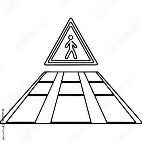 Simple pedestrian crossing illustration with a clear triangular pedestrian sign.  This crossing illustration is ideal for road safety educational materials, city planning documents,