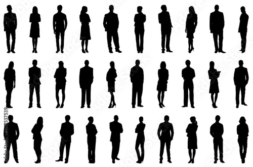 Vector detailed silhouettes set of standing people male and female full body front view with body gesture isolated on white background. Crowd, group of people vector illustration