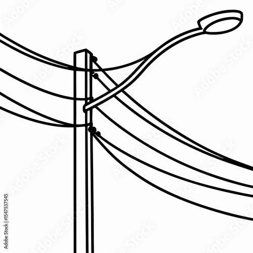 Power lines attached to utility pole with streetlight. Electrical power lines connected to wooden pole provide energy for street lighting.