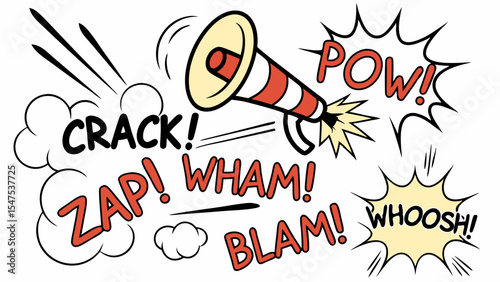 Vibrant Pop Art Comic Style Megaphone and Action Sound Effects POW WHAM BLAM ZAP CRACK WHOOSH