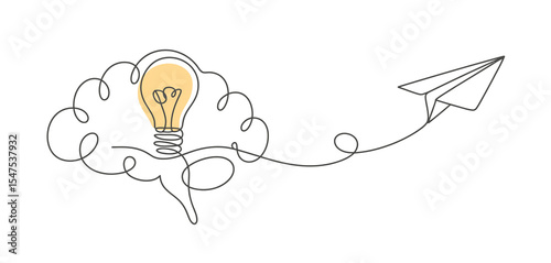 Idea Taking Flight Lightbulb and Paper Airplane One Line Drawing