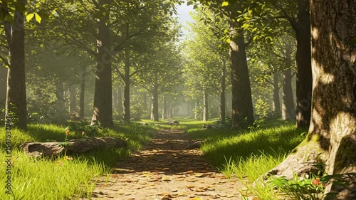 Serene forest path with sunlight filtering through trees