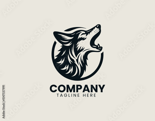 Howling wolf profile vector logo featuring geometric muzzle above stylized moon shape for adventure vibe