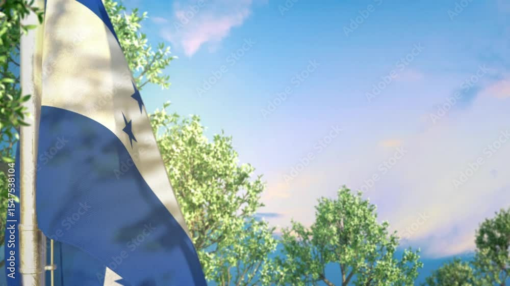 Waving flag of Honduras on forest and blue sky backdrop