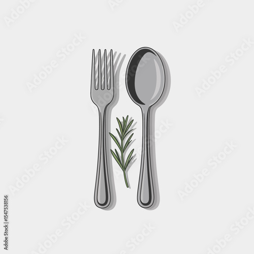 Simple Elegant Fork Spoon Rosemary Illustration