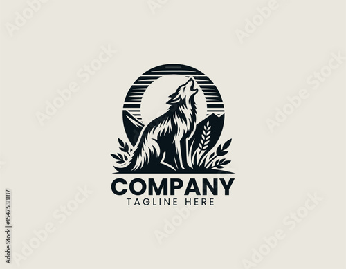 Howling wolf profile vector logo featuring geometric muzzle above stylized moon shape for adventure vibe