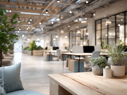 Modern Office Interior with Plants and Wooden Table