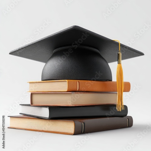 Academic achievement.  A black graduation cap atop a stack of books, symbolizing educational success