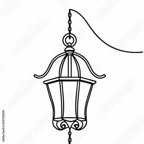 Elegant roadside lantern with decorative details and chain. Classic roadside lantern design features ornate metalwork and hanging chain.