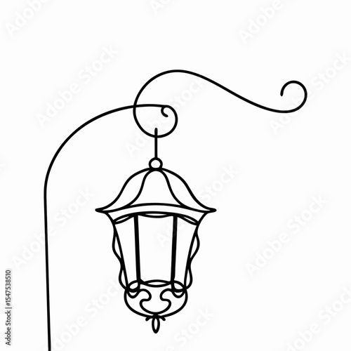 Elegant roadside lantern with decorative scrollwork hanging from curved metal arm. Classic roadside lantern design perfect for vintage, romantic, or whimsical projects.