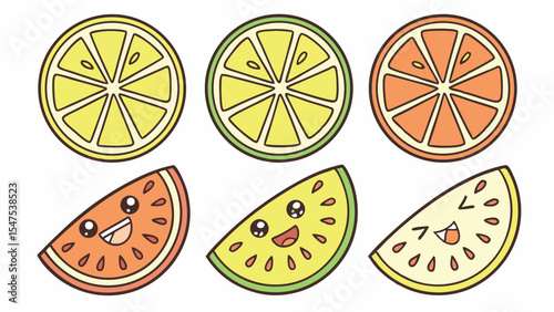 Cute Cartoon Citrus Fruit Slices with Faces Lemon Lime Orange Grapefruit Vector Illustration