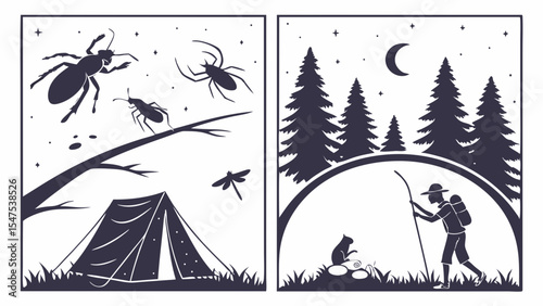 Dark Silhouette Camping Night Scenes Tent Insects Forest Hiker Moon Stars Nature Outdoors Vector