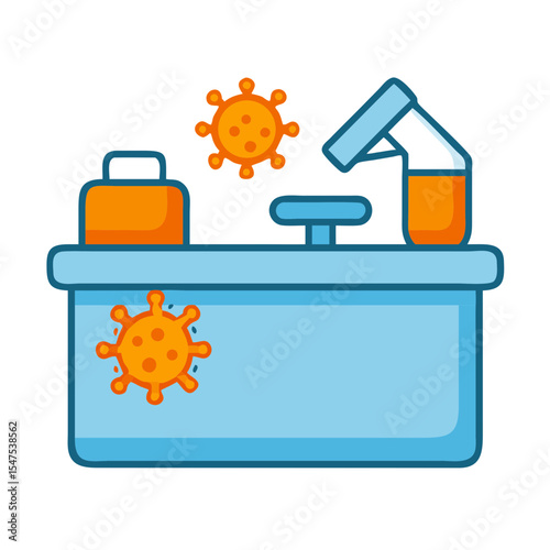 Clean office desk with microscope and virus sample. Sanitized workspace shows equipment for virus research and analysis.  Clean and sterile lab setting ideal for health and safety presentations.