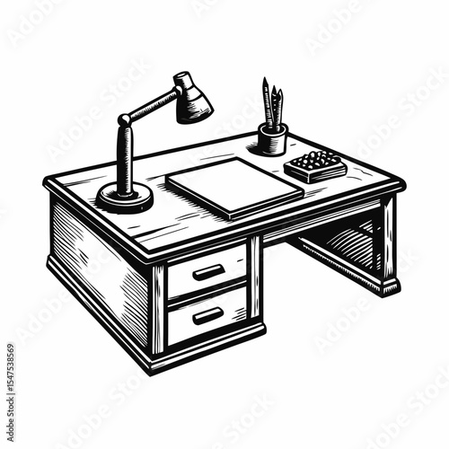 Clean office desk workspace with lamp, stationery, and notebook. Organized and sanitized office desk for productive work environment.