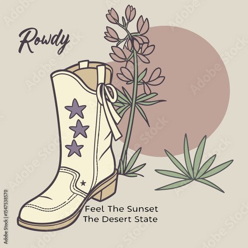 Vintage Cream Cowboy Boot Illustration with Lupine Flowers and Desert Plant Desert State Theme