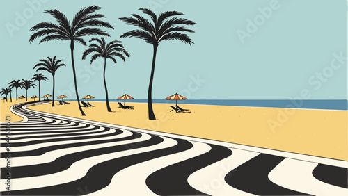 Sunny Beachfront Promenade with Palm Trees and Ocean View