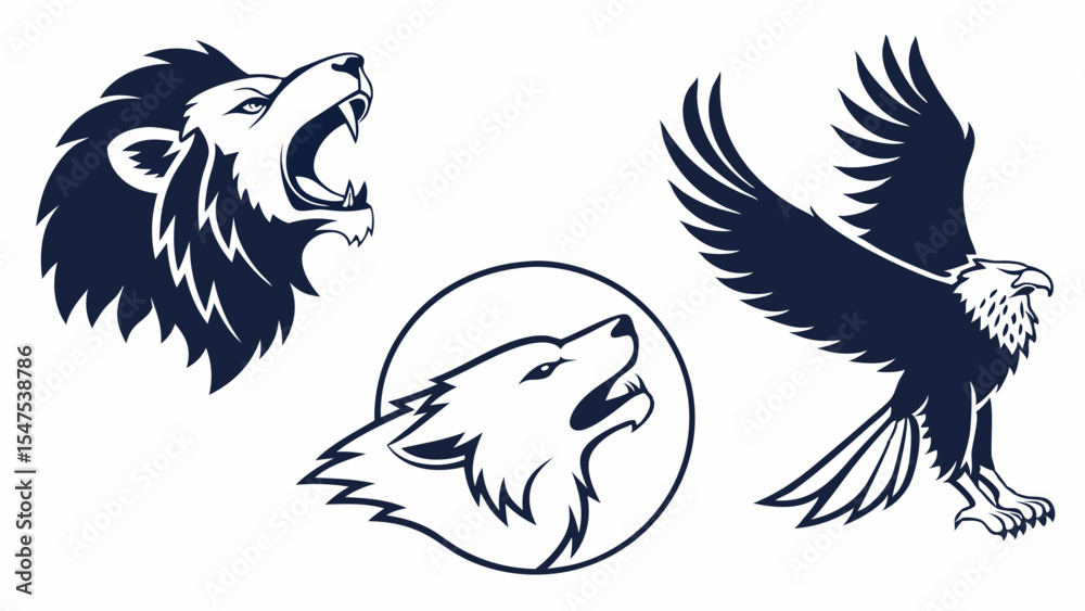Naklejka premium Roaring Lion Head Howling Wolf Circle Flying Eagle Vector Illustrations Set