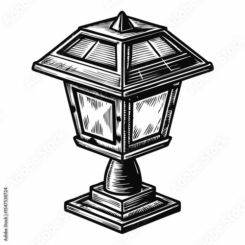 Solar powered lamp design for garden.  Stylish solar powered lamp with elegant lines and classic design. This solar powered lamp is perfect for outdoor lighting and adds ambiance to any space.