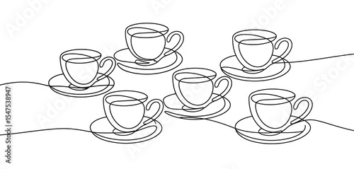 Continuous Line Art of Coffee Cups and Saucers