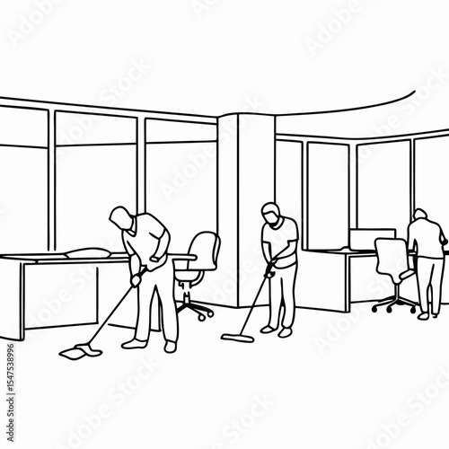 Office cleaning team efficiently cleans modern workspace. Cleaning crew uses mops and brooms for thorough cleaning. Professional office cleaning service ensures spotless environment.