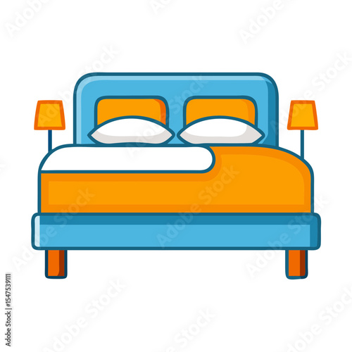 Neat bedroom with made bed and orange bedding. Tidy bedroom features a comfortable double bed with crisp white pillows and blankets.