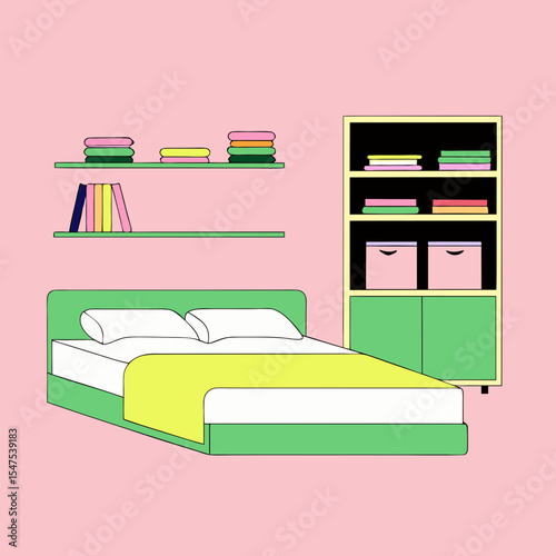 Tidy bedroom with made bed and shelves full of books and clothes. Neat bedroom interior design with minimalist furniture and pastel colors. Stylish bedroom concept for home decor blogs and magazines.