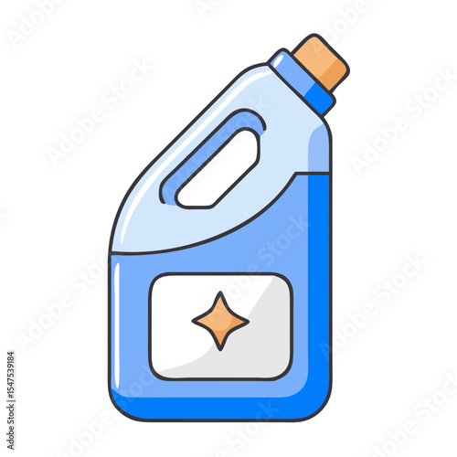 Cleaning product bottle with light blue liquid. Toilet cleaner container with handle and cork. Shiny plastic bottle for bathroom cleaning product.