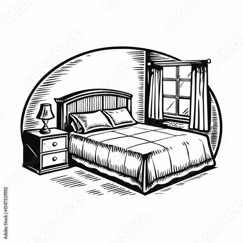 Neat bedroom with made bed and nightstand. Tidy bedroom features a comfortable bed with crisp linens and a simple nightstand with lamp.  Clean bedroom design ideal for hotels, real estate listings,