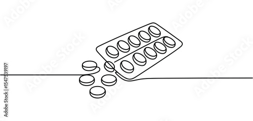 Single Line Drawing Of Pill Dispenser And Pills