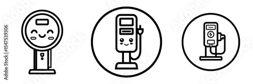 A modern illustration of an electric vehicle charging point icon, featuring a circular car charge station sign, isolated on a white background