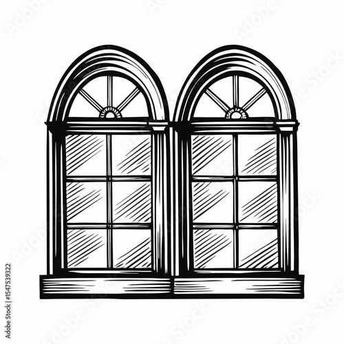 Clean windows viewed from outside. Sparkling clean glass panes in arched window frame.  Clean windows gleam brightly, enhancing building exterior.