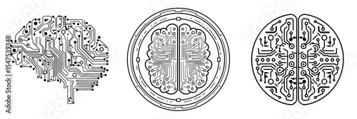 The icon of an AI brain circuit board and a stock technological chip is depicted in a modern illustration