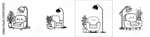 Concept of Comfy Couch Bowl, floor lamp, and houseplant, combined with a Bright comfortable Chair in modern icon design, symbolizing a Serviced Office and comfortable workspace, represented in an